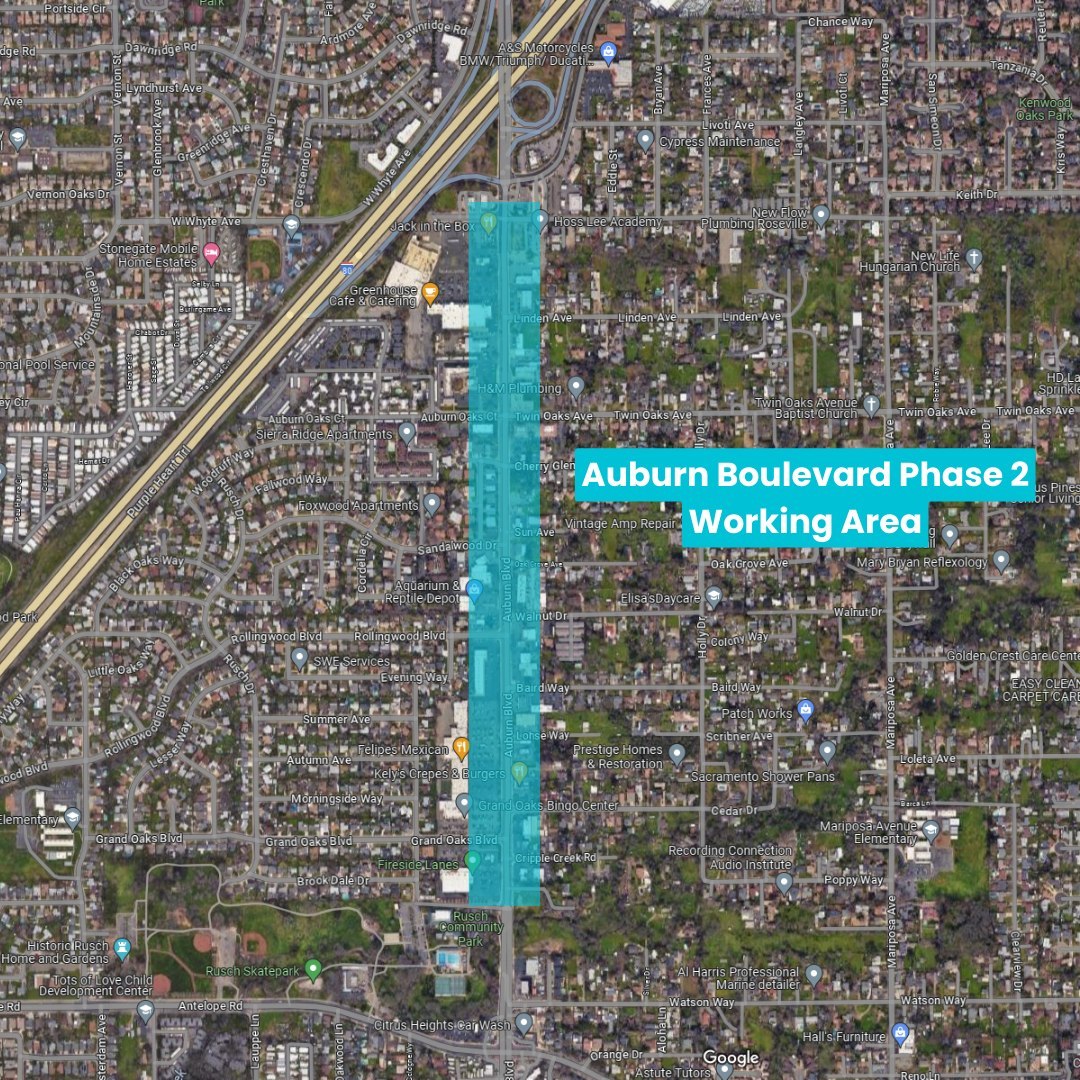 birds eye view of auburn boulevard in citrus heights with section highlighted to mark complete street project phase 2