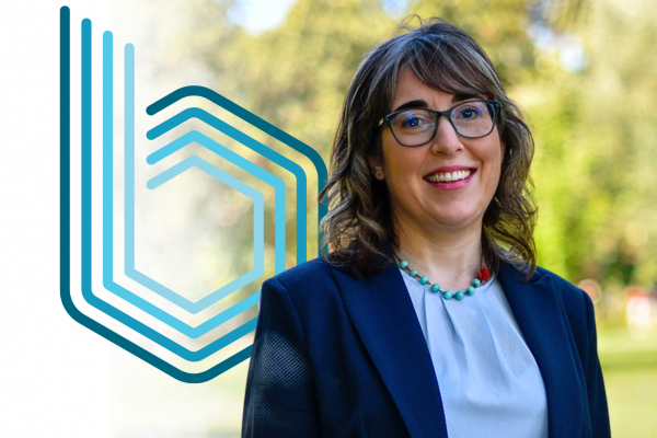 photo of woman with trees in background and graphic 