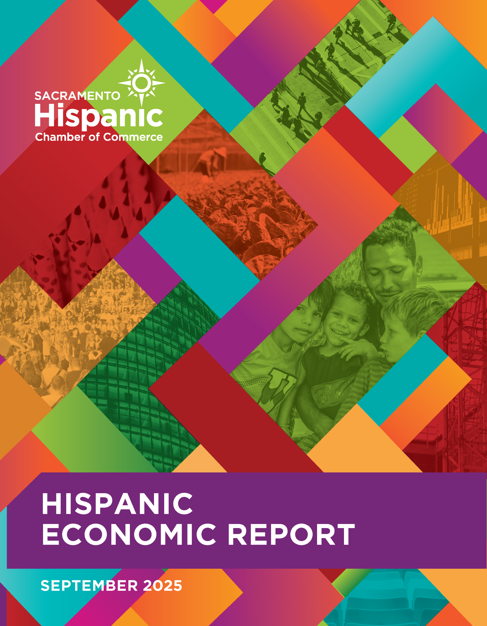 Colorful graphics and shapes with Hispanic Economic Report text