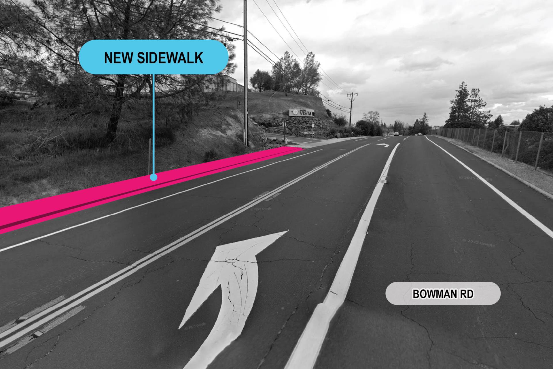 Bowman road highlighted pink with mock up of proposed new sidewalk