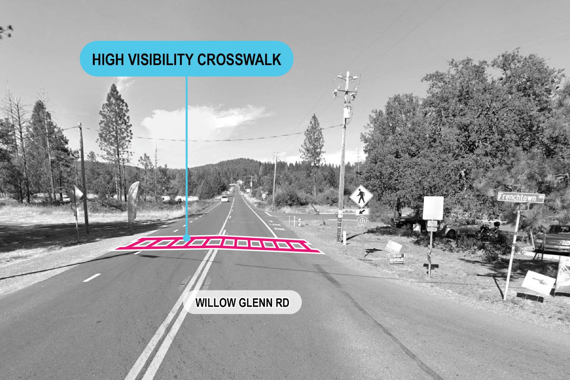Willow Glenn Road highlighted pink with mock up of proposed crosswalk
