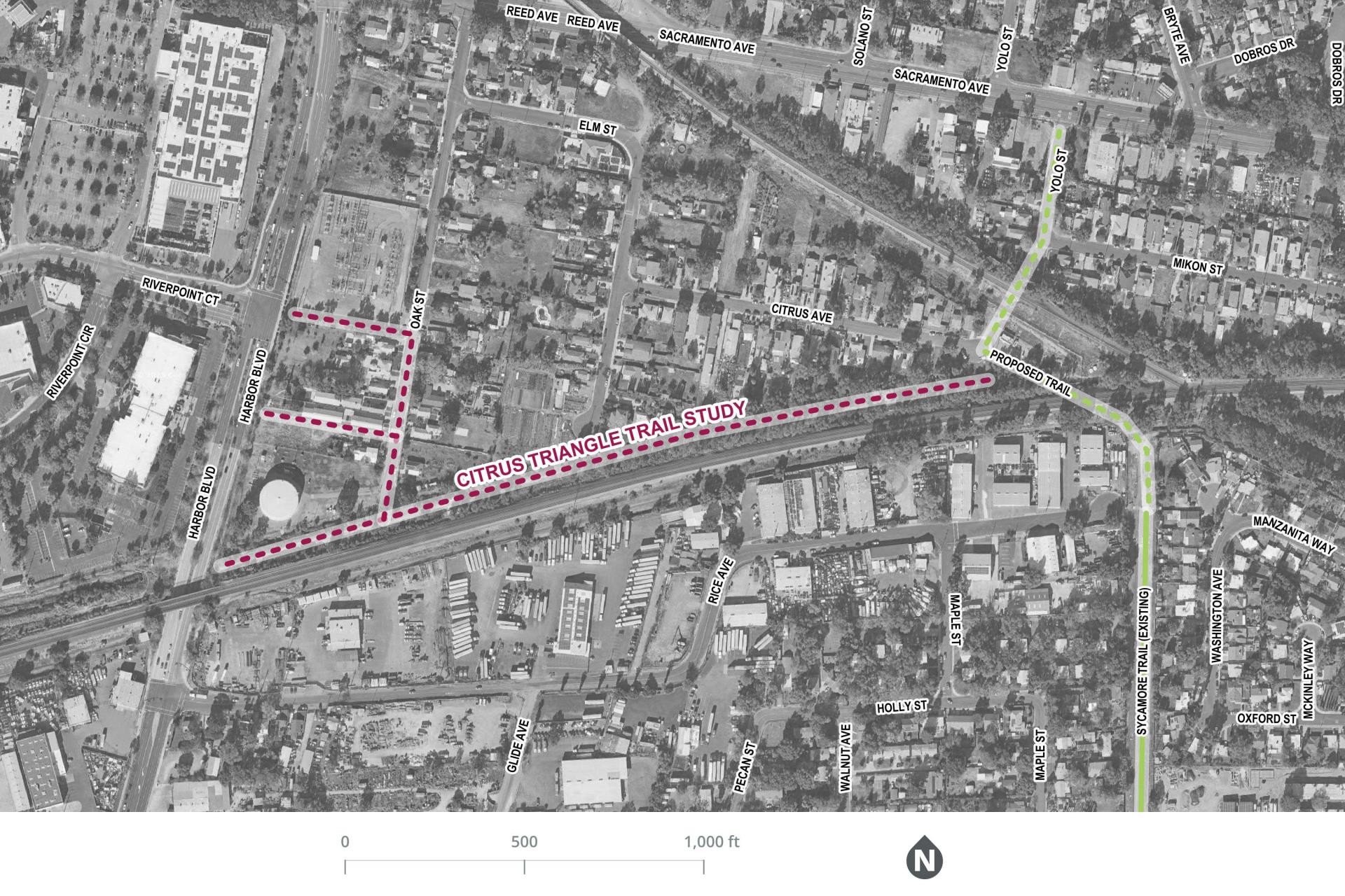 Birds eye map view of citrus traingle study trail - highlighted street where improvesments would be made