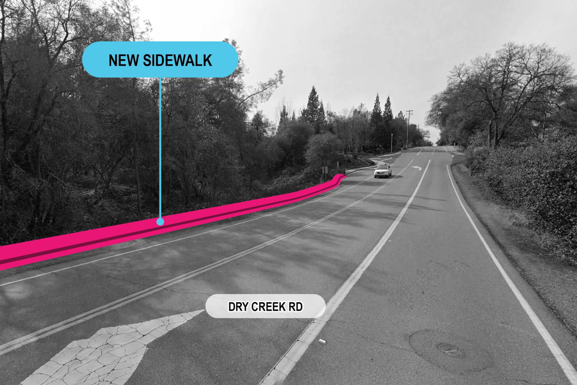 Dry creek road with pink highlight to illustrate proposed new sidewalk project
