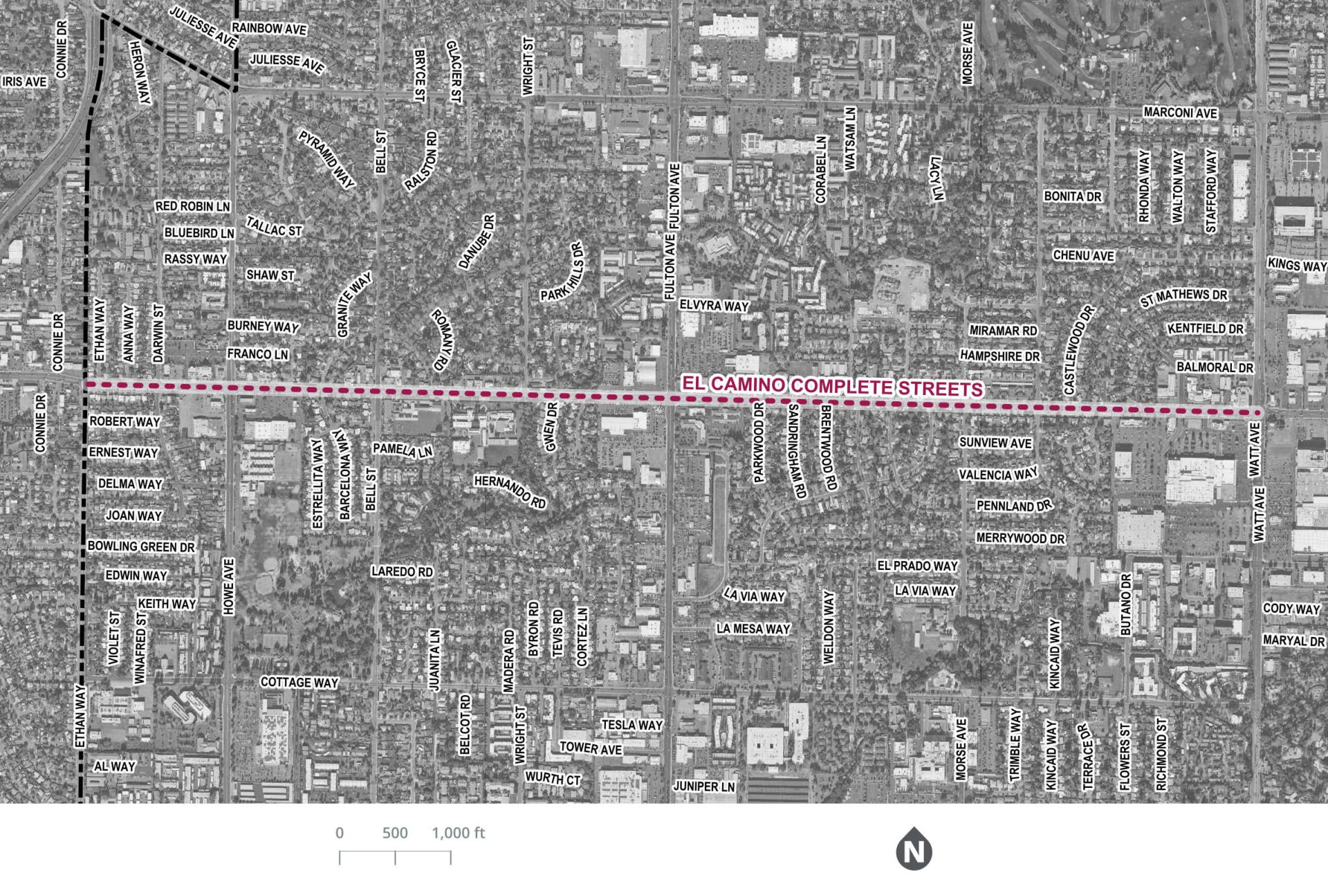 Birds eye map view of El Camino Ave with highlight of complete streets project area