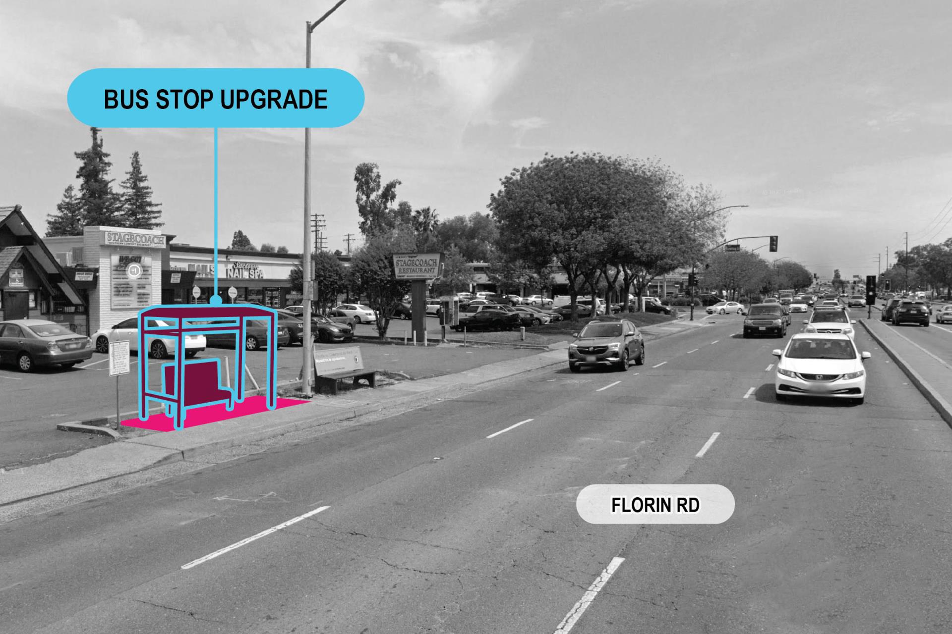 Florid road with cars and illstration of proposed bus stop upgrade