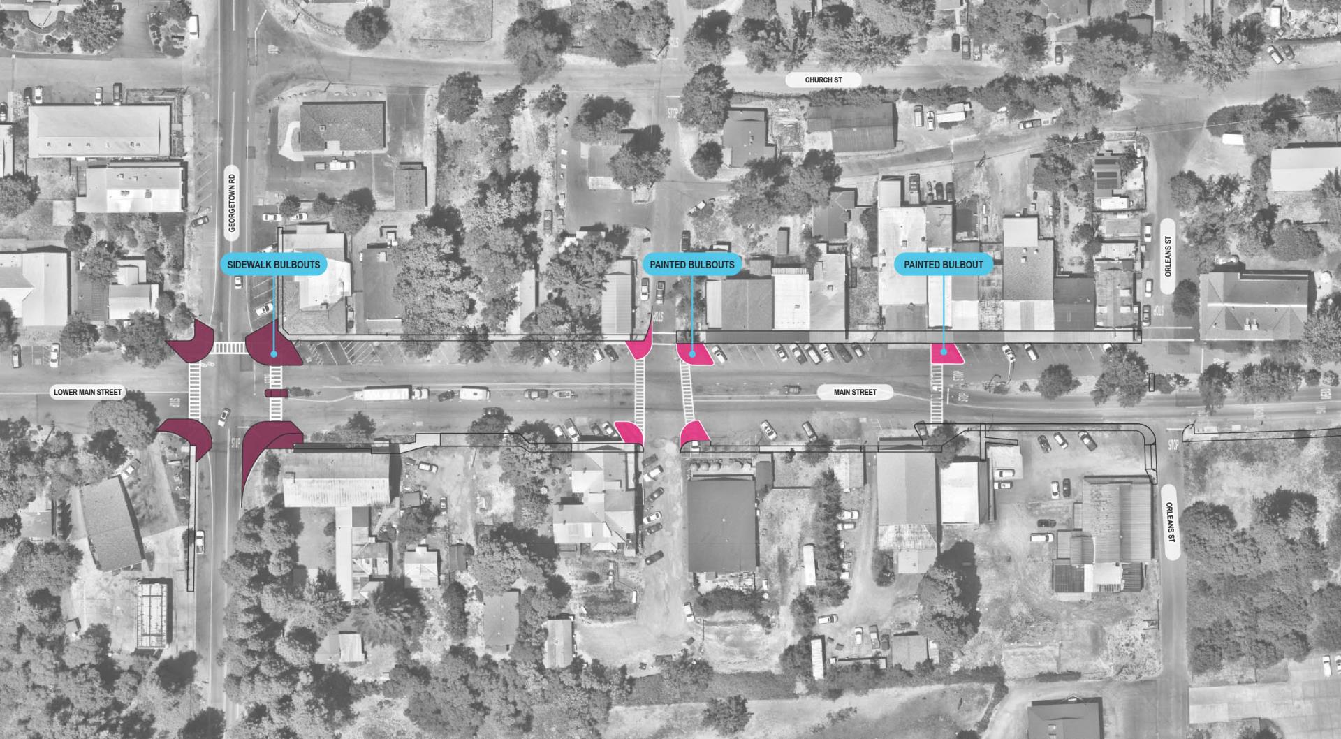 Birds eye map view of mainstreet in Georgetown with proposed sidewalk installations in pink