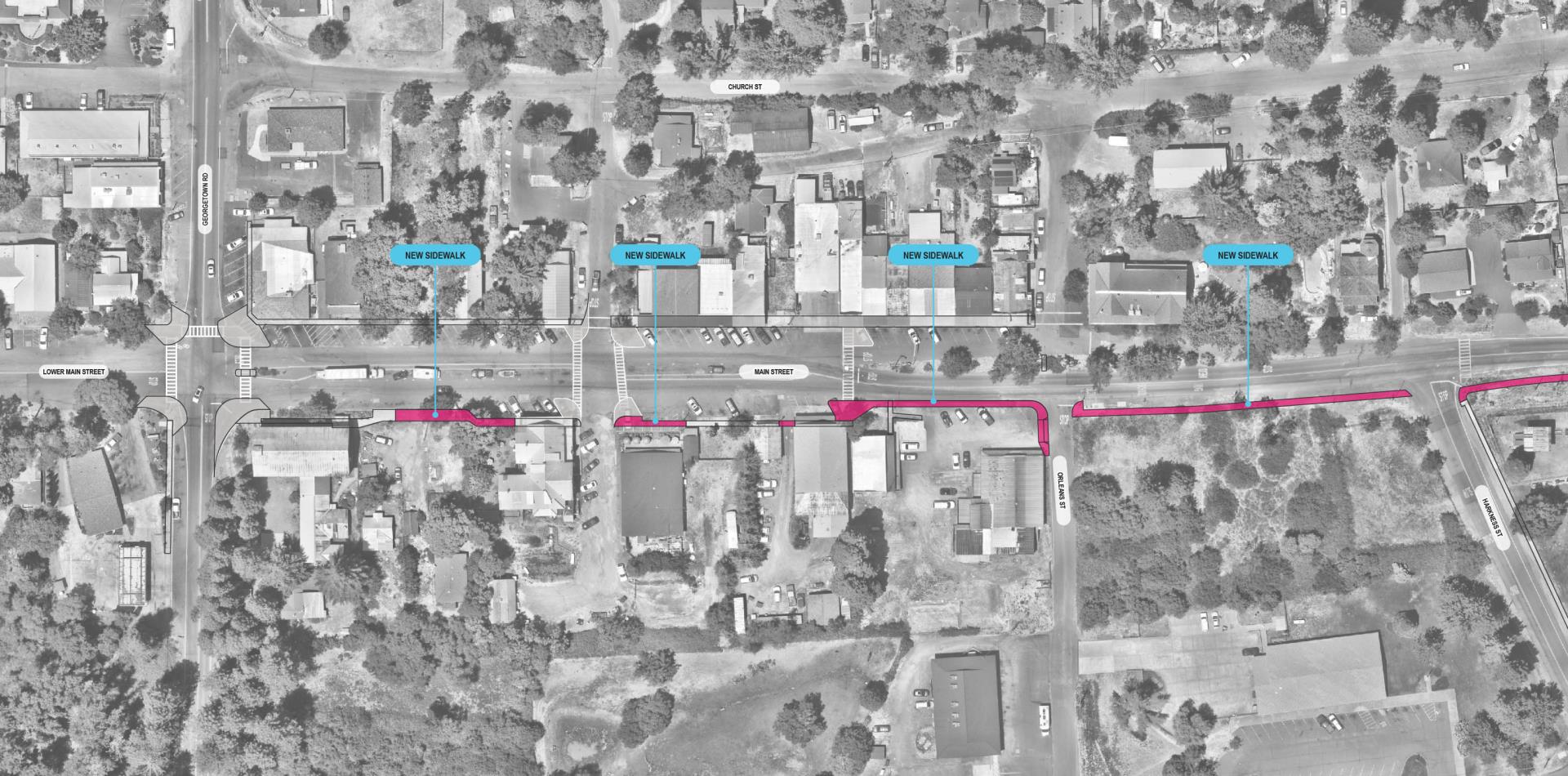 Birds eye map view of mainstreet in Georgetown with proposed cross walk installations