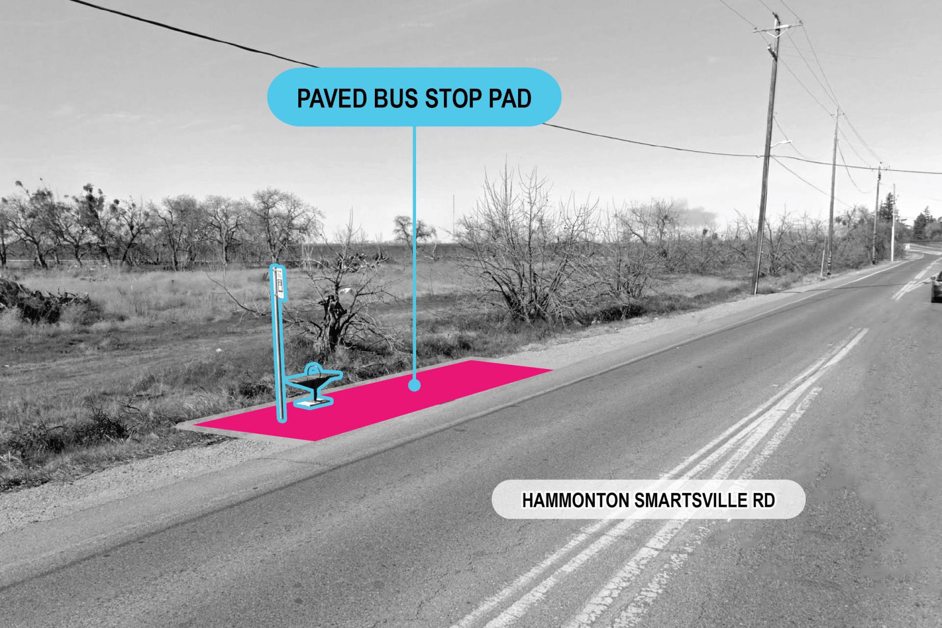 Hammonton Smartsville Road with proposed paved bus stop pad highlighted in pink