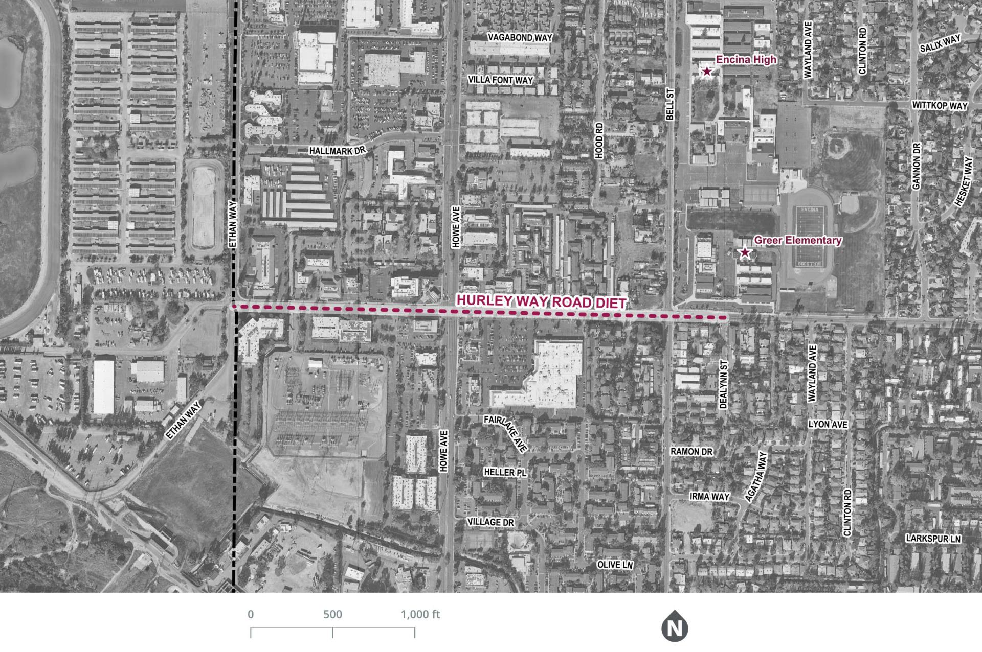 Birds eye map view of hurley way highlighted proposed road diet project area