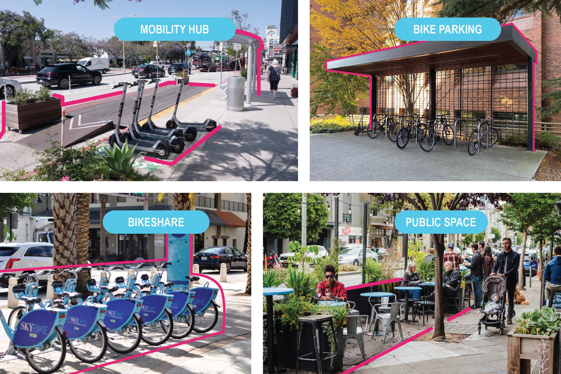 Collage of four images to illustrate examples of mobility hub, bike parking, bike share, public space