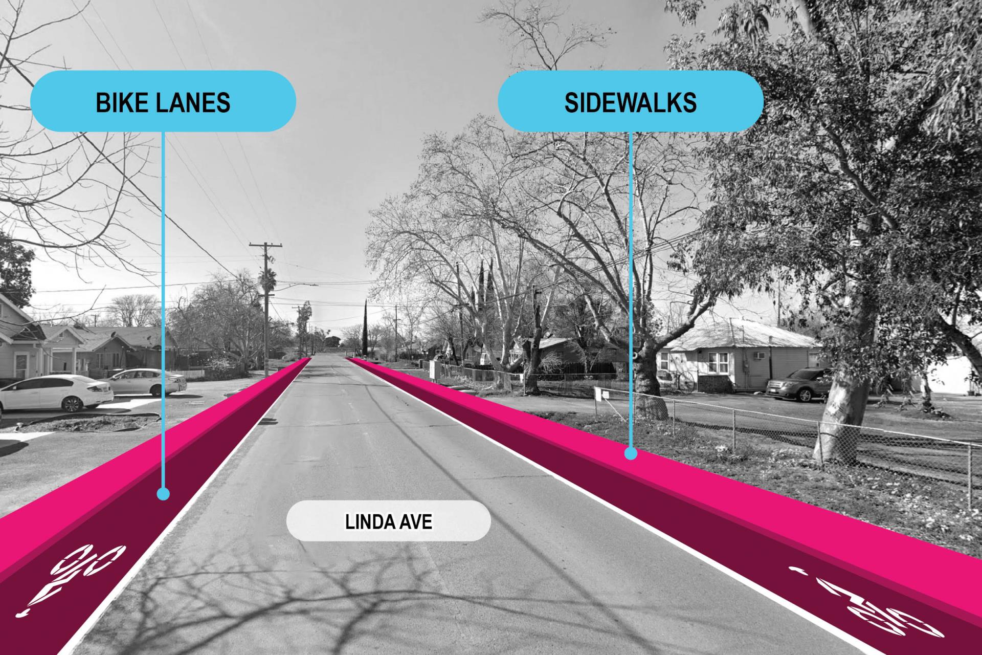 Linda avenue image with illustrated bike lanes and sidewalks highlighted in pink to show proposed project