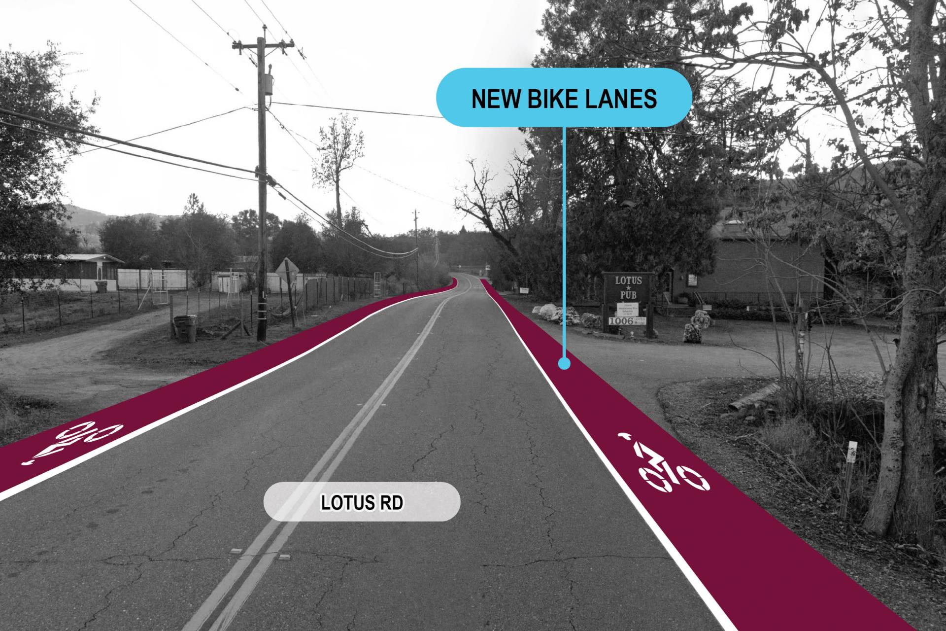 Lotus road image with mock up of bike lanes in pink to illsutrate proposed project