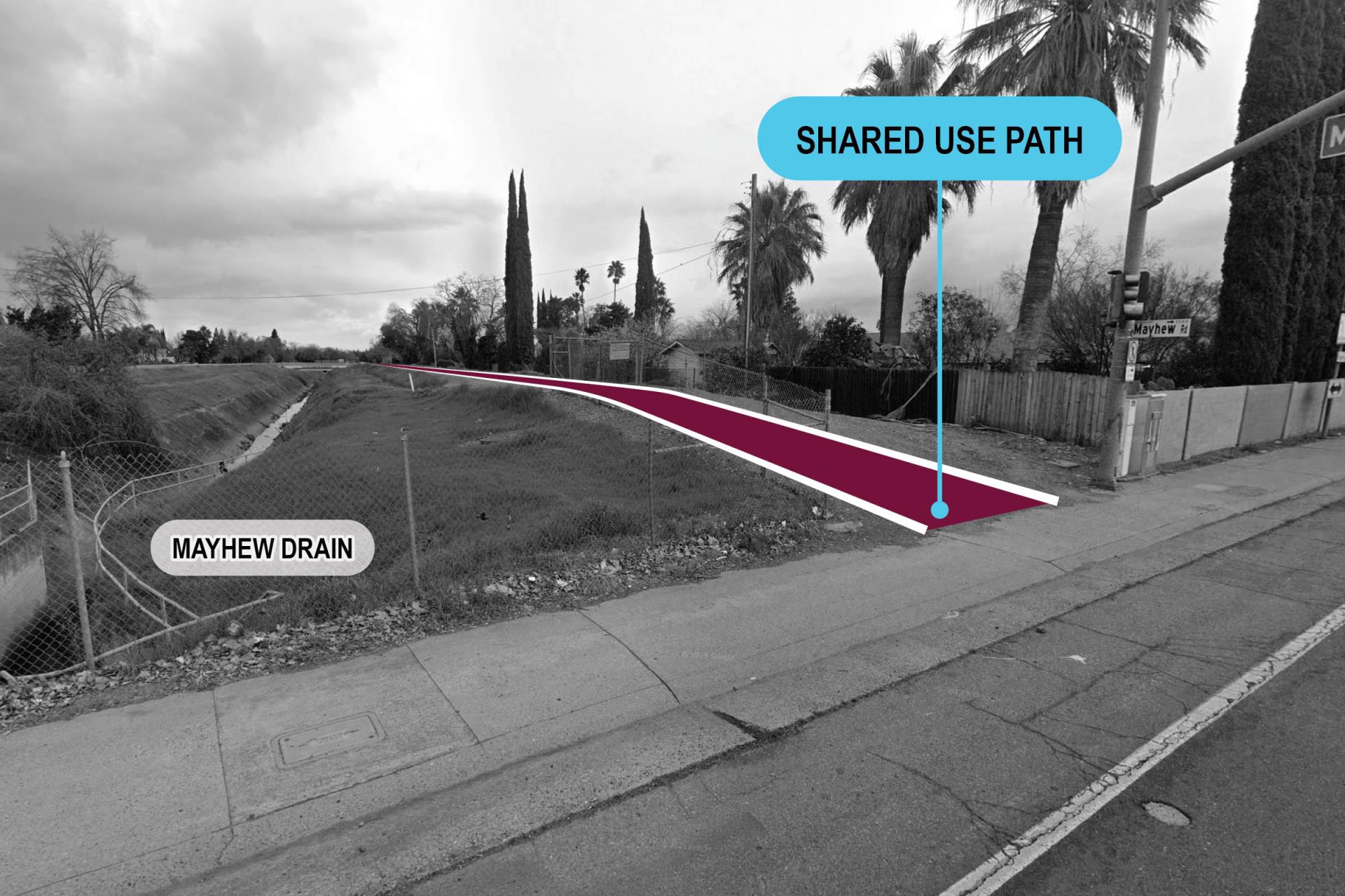 Mayhew drain image highlighted illustration of shared use path in pink