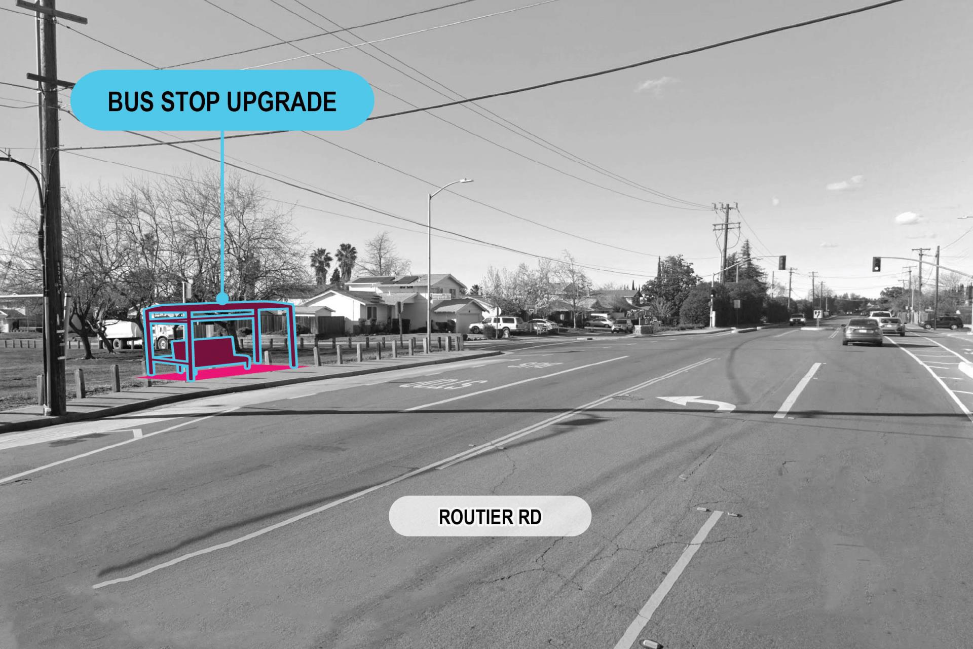 Routier road image with mockup of bus stop upgrade in pink
