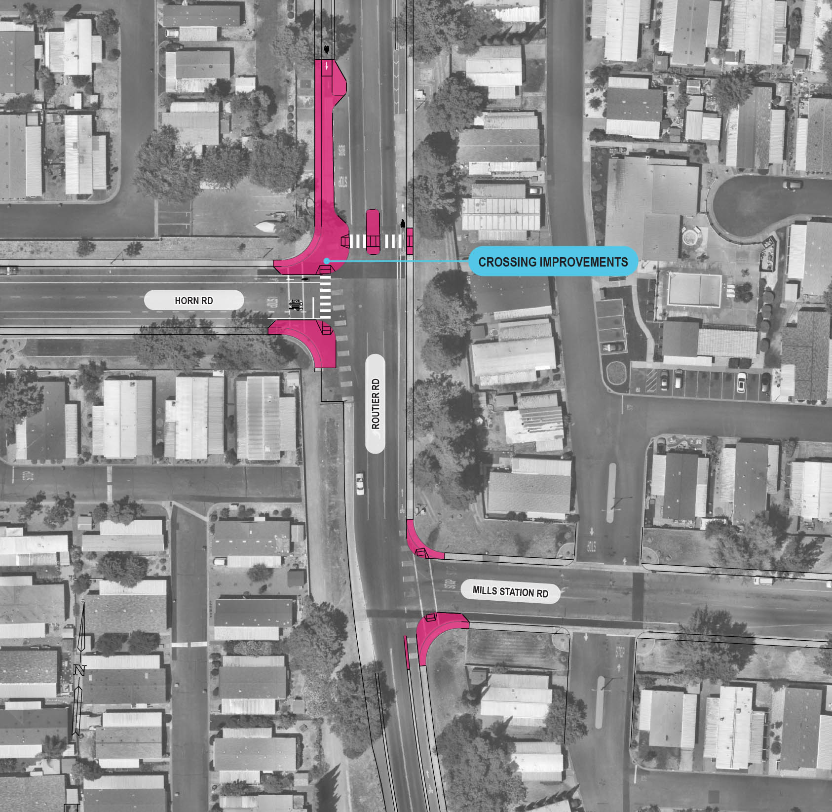 Birds eye map view of routier road with areas highlighted for proposed road crossing improvements