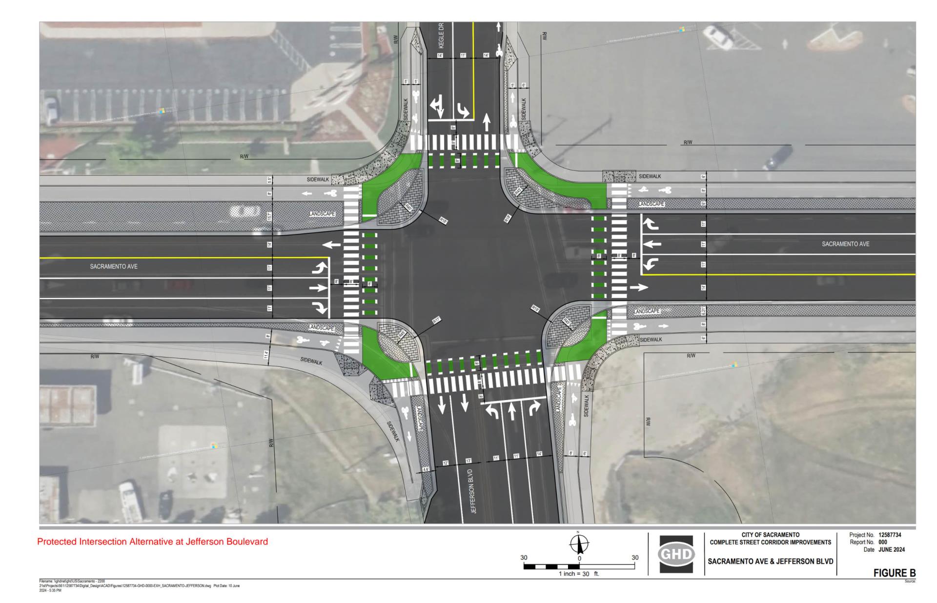 Birds eye view of four way intersection with illsutration of crossings and road improvements