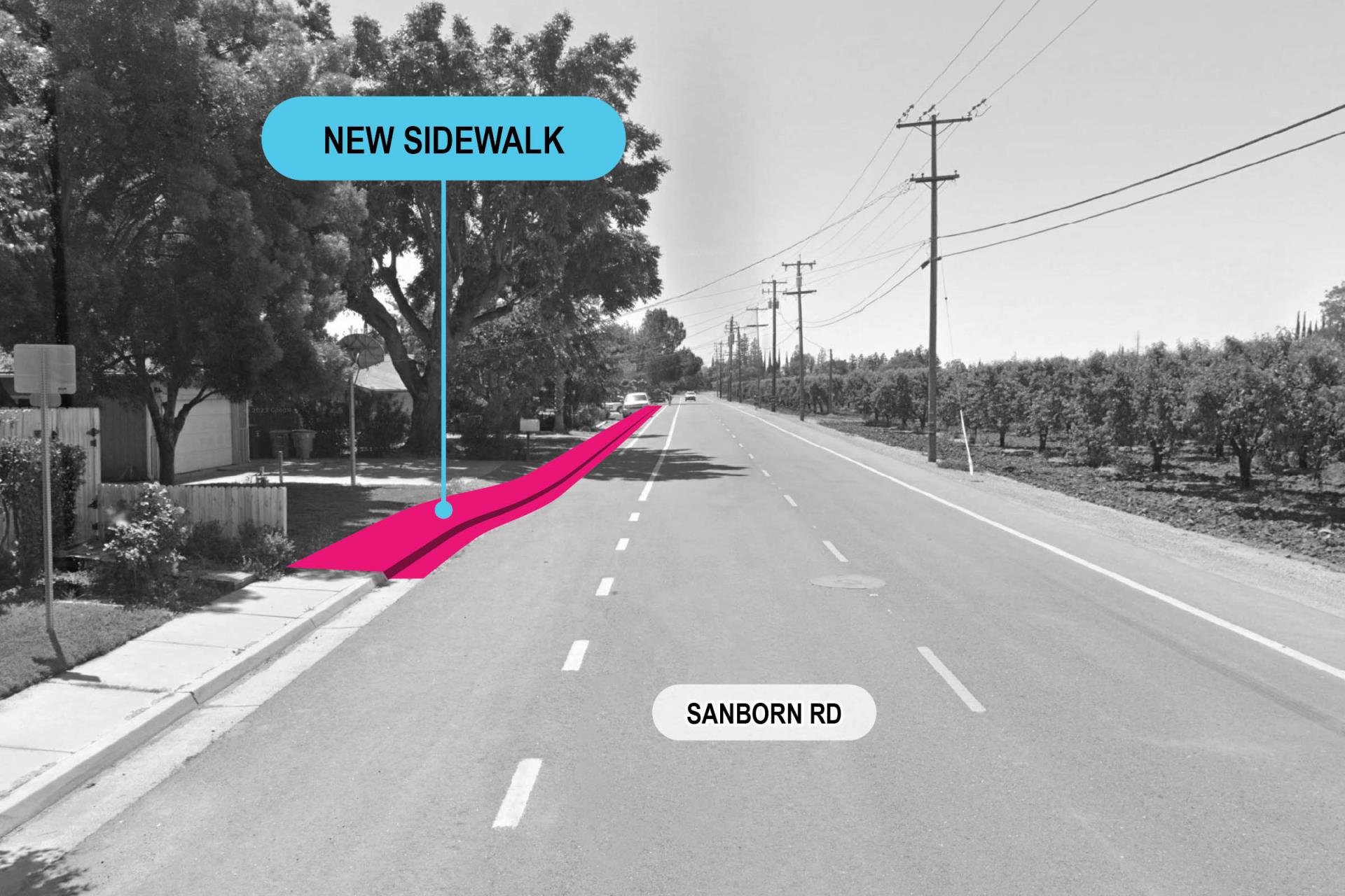 Sanborn road image with mock up of new sidewalk highlighted in pink