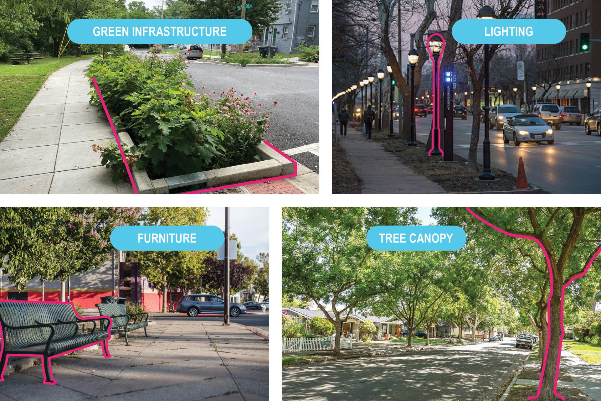 Collage of four images showing examples of green infrastructure, lighting, furniture, and tree canopy