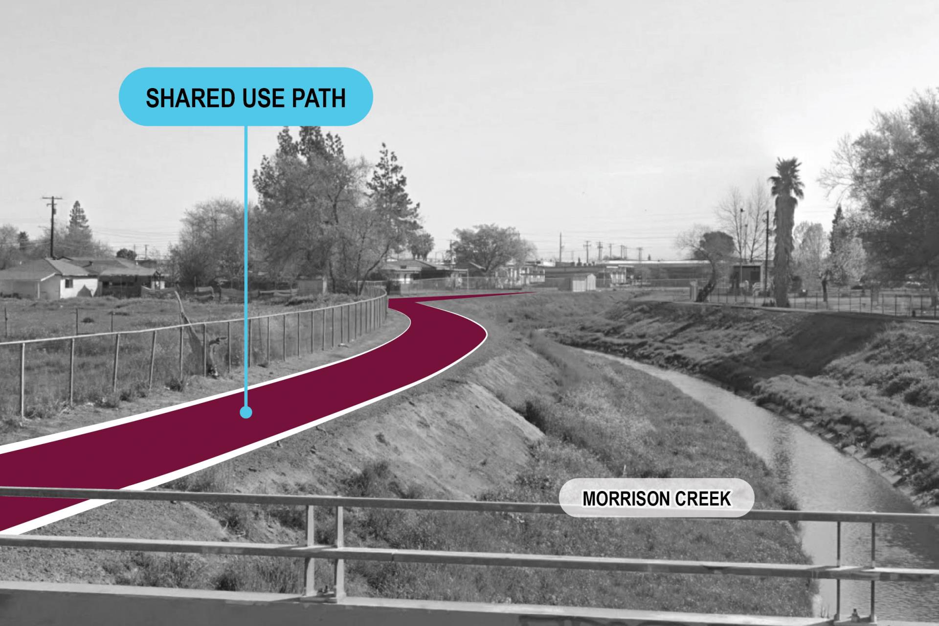Morrison creek with mock up of proposed shared use path highlighted in pink
