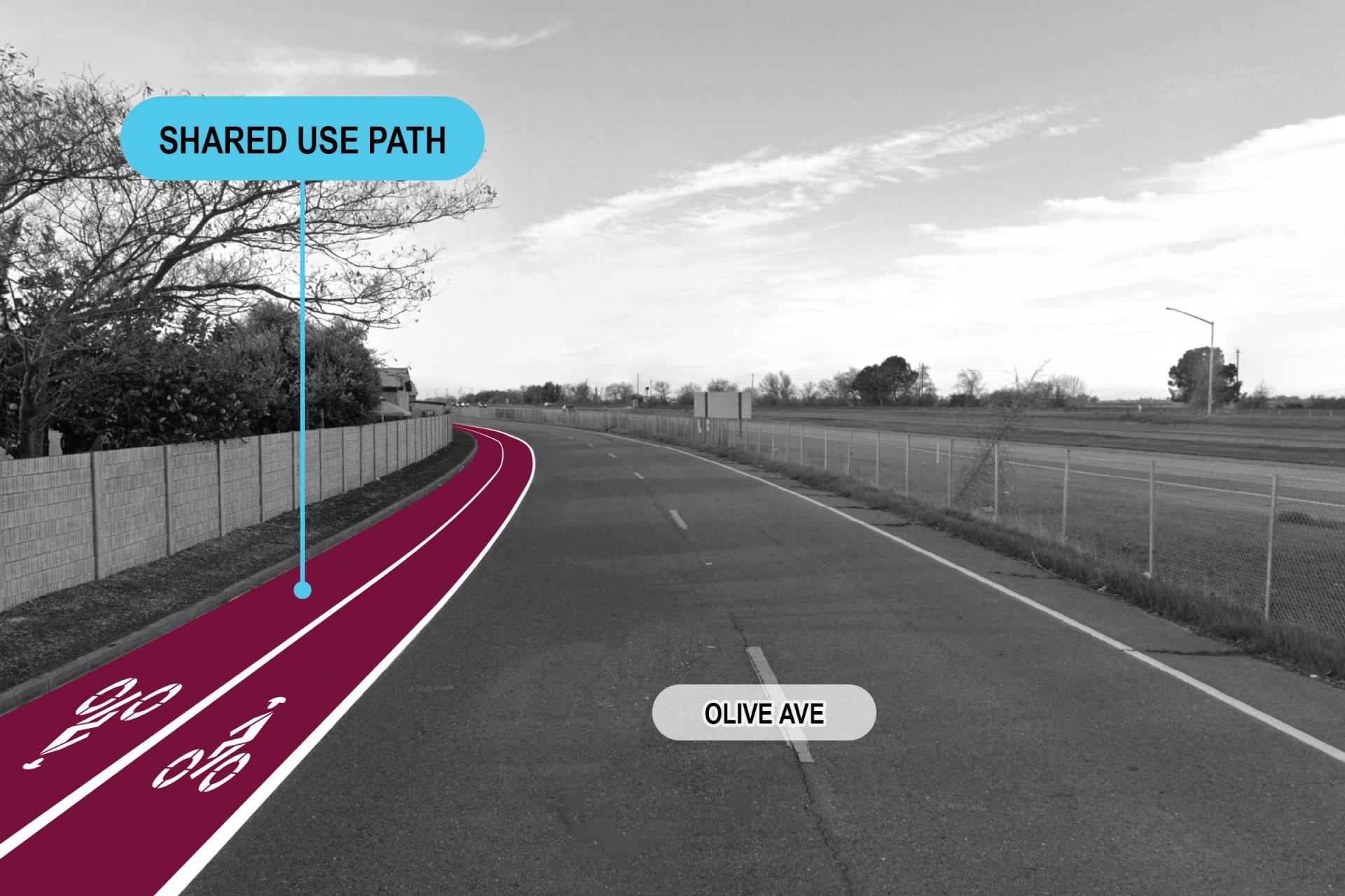 Olive ave image with mock up of proposed bike path in pink