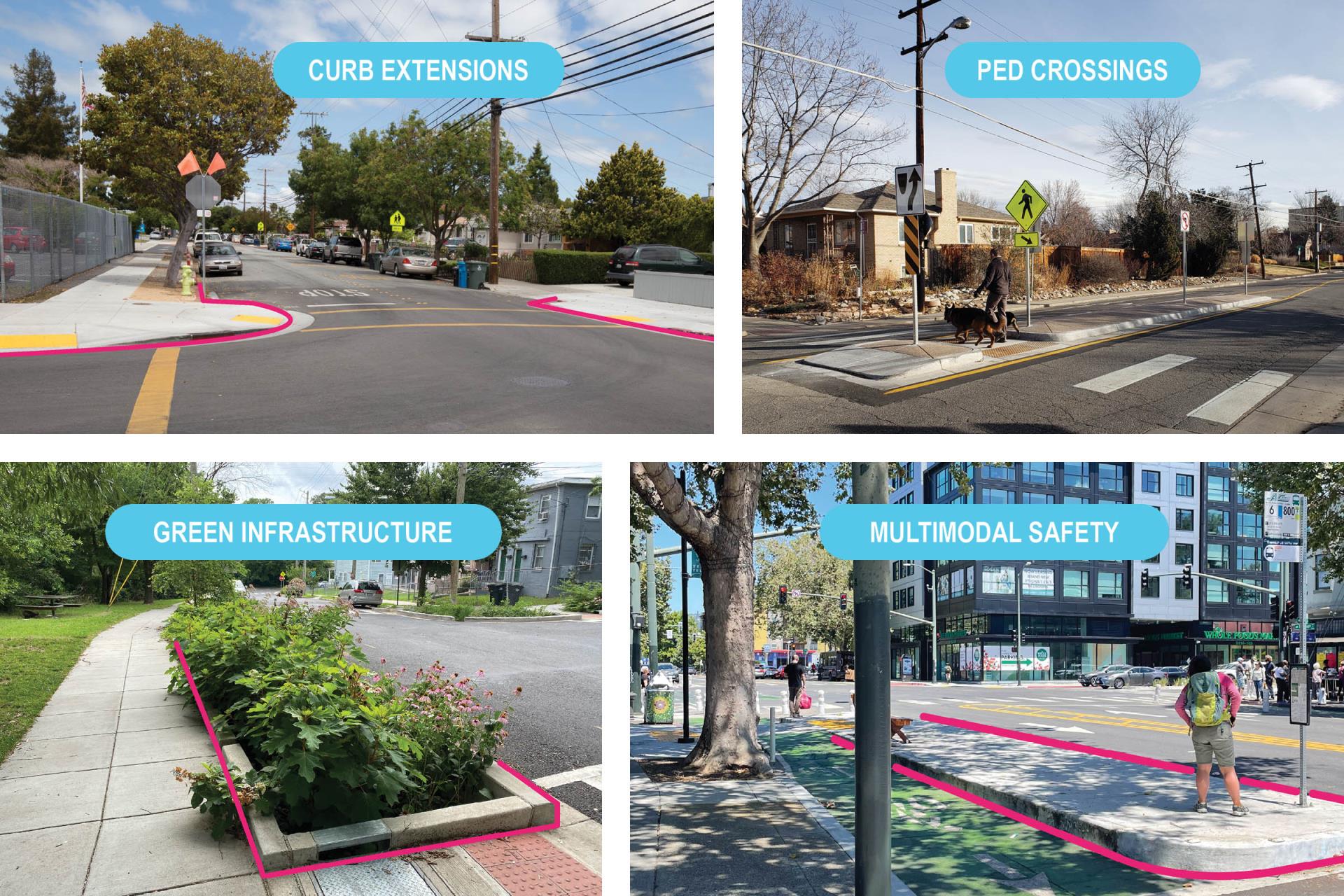Collage of four images to show examples of curb extensions, ped crossings, green infrastructure, and mutimodal safety