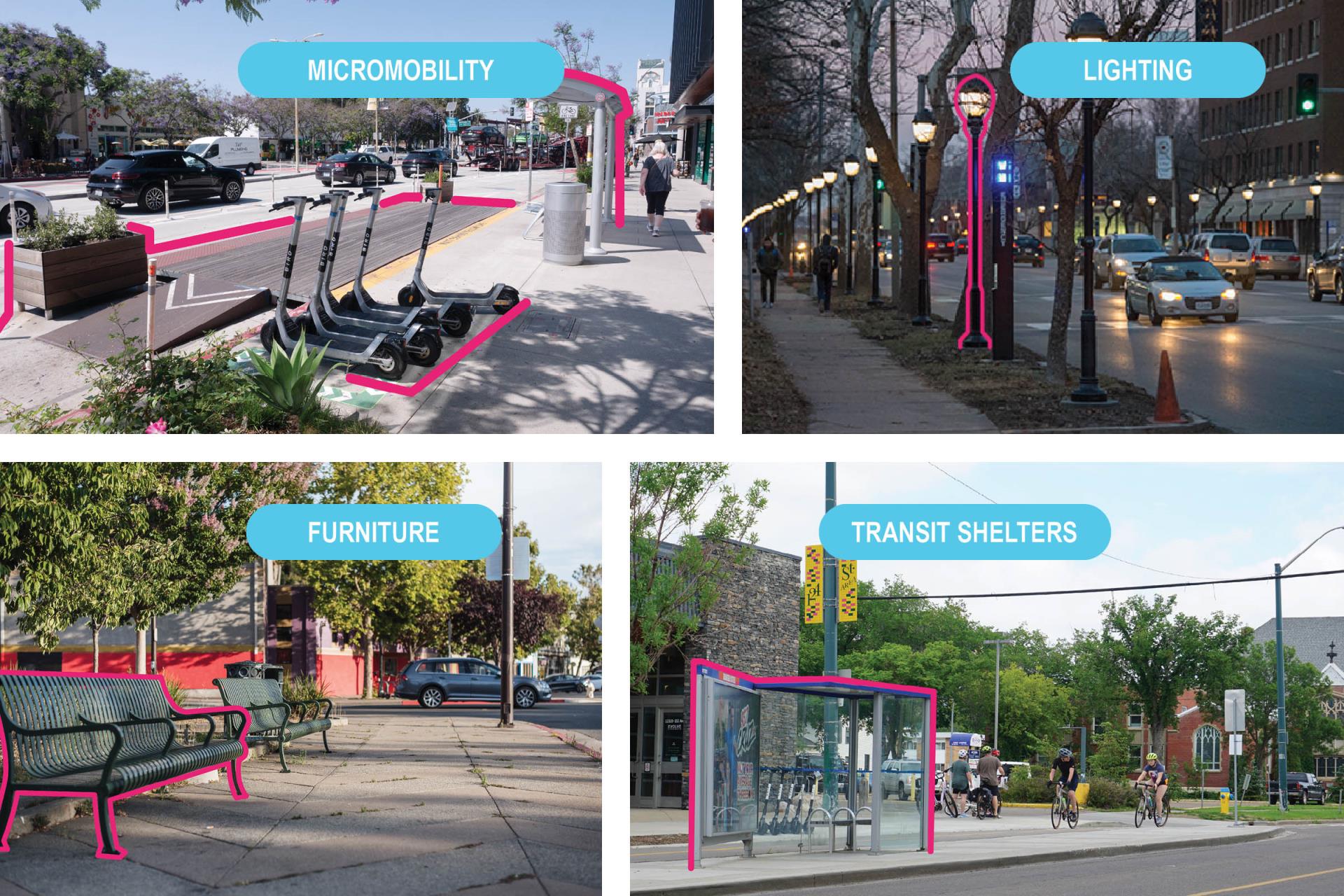 Collage of four images to illustrate examples of micromobility, lighting, furniture, transit shelters