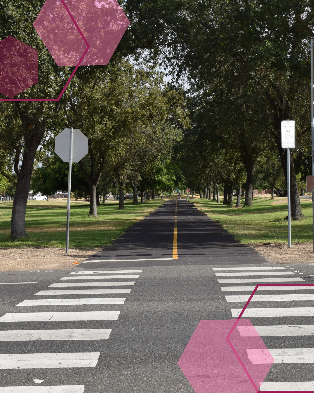 looking down trail and cross walk with green grass on both sides